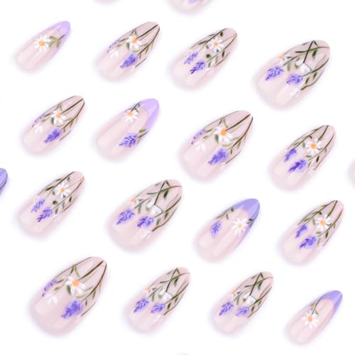 RTKHFZE Press on Nails Almond French Tip Fake Nails Medium False Nails with Flower Designs Artificial Nail Glossy Purple Glue on Nails Cute Summer Stick on Nail for Women 24Pcs - color: Style06