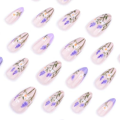 RTKHFZE Press on Nails Almond French Tip Fake Nails Medium False Nails with Flower Designs Artificial Nail Glossy Purple Glue on Nails Cute Summer Stick on Nail for Women 24Pcs - color: Style06