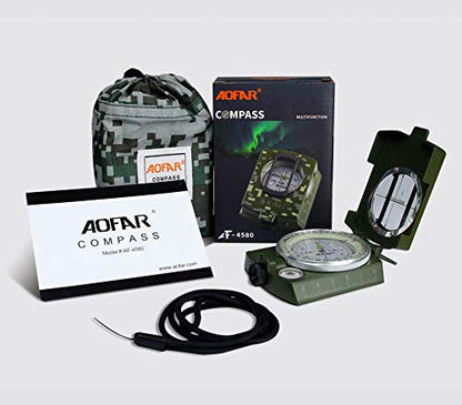 AOFAR Military Compass,AF-4580 Lensatic Sighting, Waterproof and Shakeproof with Map Measurer Distance Calculator, Pouch for Camping, Hiking - color: Camouflage