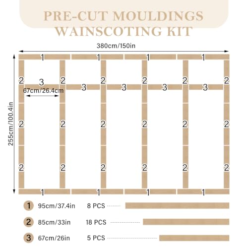 Nuanchu 150 x 100 Inches MDF Board and Batten Wall Panel Kit Premade Wainscoting Kit Paintable Wainscoting Panels Decorative Frame Accent Molding Set for DIY Wall Room Home Decor