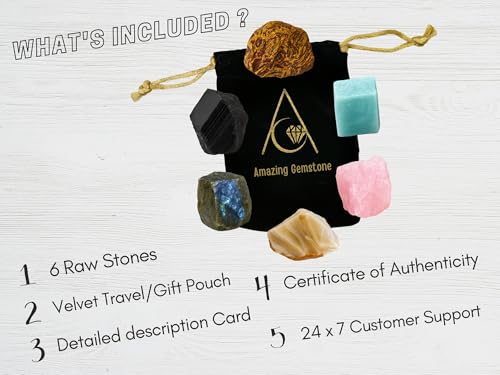 Amazing Gemstone Crystals for Mood Lifting Manifestation, Set of 6 Labradorite, Amazonite, Mariyam Jasper, Rose Quartz, Black Tourmaline and Lace Agate Healing Crystals and Stones - color: Mood Lifting