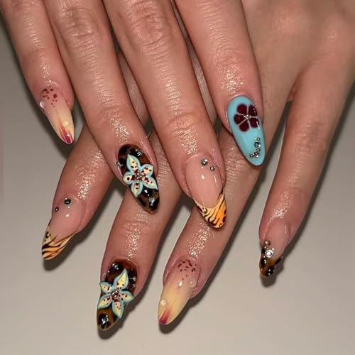 Almond Press on Nails Long Colorful Fake Nailwith 3D Flowers Designs Acrylic Nail Press ons Sparkly Rhinestones Stick on Nails for Women 24pcs - color: Color02
