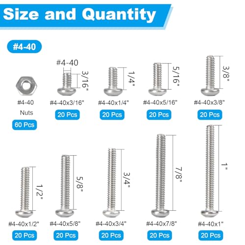 240pcs #4-40 Phillips Pan Head Machine Screws Nuts Washers Kit - size: #4-40