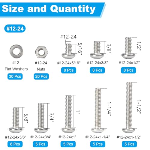 102pcs #12-24 Phillips Pan Head Machine Screws Nuts Washers Kit - size: #12-24