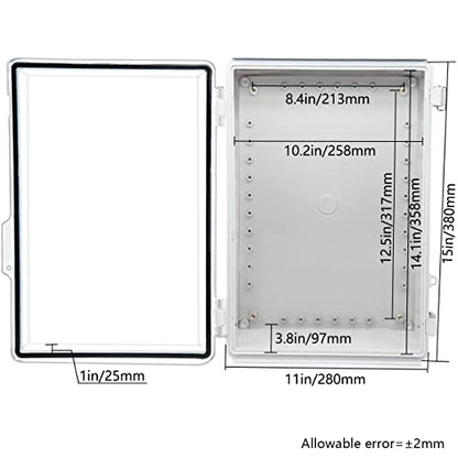 Zulkit Junction Box ABS Plastic Dustproof Waterproof IP67 Electrical Boxes Hinged Shell Outdoor Universal Project Enclosure Grey Clear Cover, Stainless Steel Buckles 15x11x5.1 Inch - size: 15"x11"x5.1" TC k