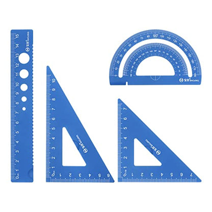 HARFINGTON 4pcs Geometry Set 15cm Metric Measure Laser Engraving Aluminum Ruler Metal Ruler Set Triangle Protractor Ruler Tool Set for Classroom, Office, Home, Blue - color: Blue