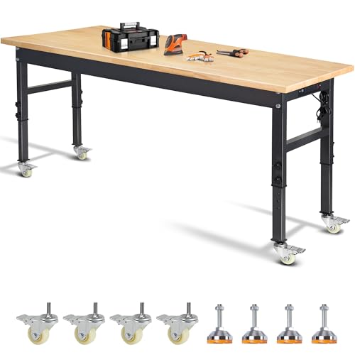 70'' Adjustable Workbench, Rubber Wood Top Work Bench - size: 70 inches (with socket, wheels and fixed legs)