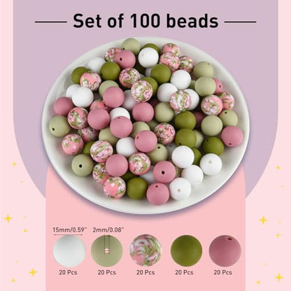 ASTARON 100 Pcs 15mm Spring Pink Green Silicone Beads for Keychain Making - color: Pink Green White