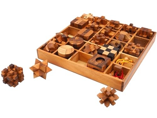 BSIRI 25 in 1 Wooden Brain Teaser Puzzles for Adults and Teens Interlocking 3D Mini Wood Mind Games Hand and Mind Puzzle Teasers Assembly & Disentanglement Set Toys Coffee Table Games Gift - style: 25 Puzzle Set