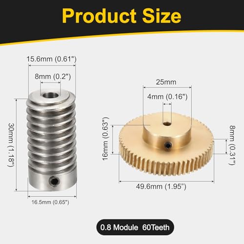 uxcell Worm Gear Set 60T 0.8 Module 1:60 Reduction Rate, Right Rotation Drive Gear Box Wheel Reduce Transmission Part (Brass Gear-4mm Bore, 1045 Steel Rod 5mm Bore) - size: Gear-4mm, Rod-5mm Bore, style: 0.8M-60T
