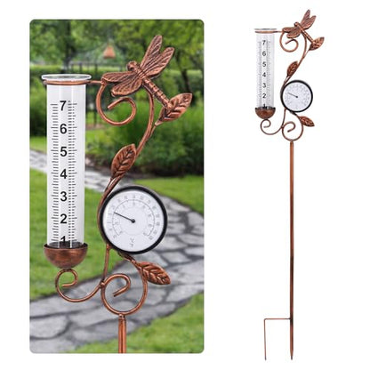 36.5in Dragonfly Rain Gauge Thermometer Bronze Metal Garden Stake Decor - color: Bronze Dragonfly