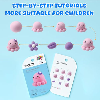 Air Dry Clay for Kids - 6 Ocean Themed Modeling Clay Kit, Model Magic Clay with Sculpting Tools and Tutorials, Ultra Light & Soft, Non-Toxic & Safe, DIY Arts and Crafts School Projects for Kids - color: Ocean