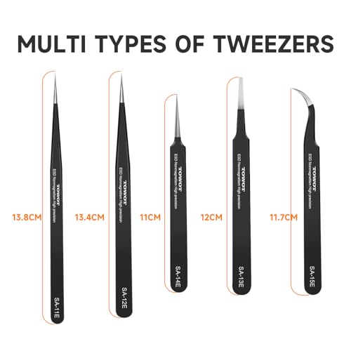 TOWOT Precision Tweezers, Pointed Tweezers for Electronics, Anti-static Stainless Steel Long Tweezers for Crafts, Soldering, Welding, and Jewelry Making Industrial Tweezers - style: Fine Tip Straight LONG(140mm)