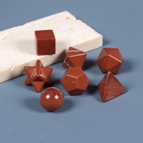 Justinstones 7-Piece Red Jasper Natural Crystal Geometry Collection Healing Crystals Kit Sacred Geometry Platonic Solids Geometric Set Tumbled Stones Specimen Collection - style: Red Jasper