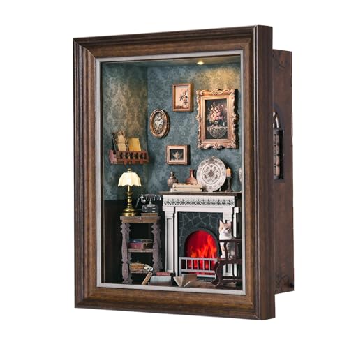 Book Nook Kit - 3D Wooden Puzzle with LED Switch Control & Wall-Mountable Frame,DIY Miniature House for Beginners,Bookshelf/Tabletop/Wall Decor for Craft Lovers,Dollhouse Gift,Fireplace - color: Fireplace