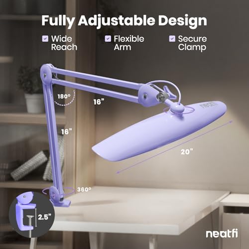 Neatfi XL 2200 Lumens 24W LED Desk Lamp – Shadow-Free Task Lighting | 4-Level Dimming | Home Office & Crafts Use | 20-Inch Wide Head (Lavender, Non-CCT with Clamp) - color: Lavender, size: Non-CCT with Clamp