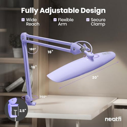 Neatfi XL 2200 Lumens 24W LED Desk Lamp – Shadow-Free Task Lighting | 4-Level Dimming | Home Office & Crafts Use | 20-Inch Wide Head (Lavender, Non-CCT with Clamp) - color: Lavender, size: Non-CCT with Clamp