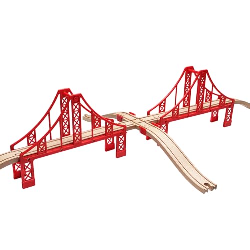 Wooden Train Track Accessories Set, Double Big Red Suspension Bridges Set, Compatible with All Major Brands Track, Christmas Birthday Gift for Boys Girls, Toys Expansion Pack for Kids Ages 3+ - color: Red