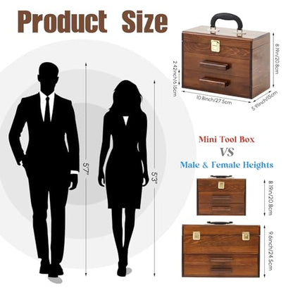 11 Inch Mini Wooden Tool Box with 2 Drawers and Top Storage, Wooden Color - size: 11 Inch