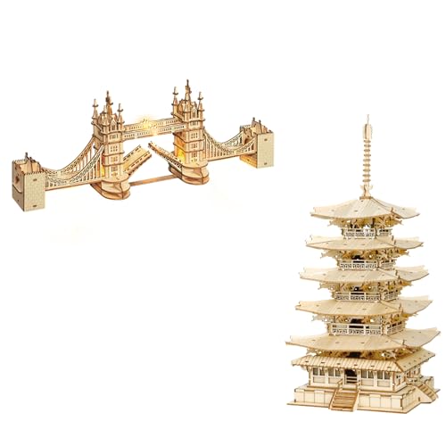 Rowood 3D Wooden Puzzles for Adults, DIY Five-Storied Pagoda Bundle London Tower Bridge,Gifts for Teens on Christmas