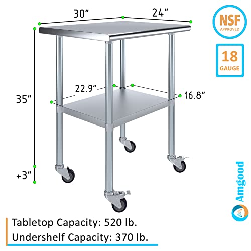 AmGood 24 in. x 30 in. Stainless Steel Work Table with Wheels | Metal Kitchen Food Prep Table | NSF - size: 30 in. Long x 24 in. Deep with Wheels