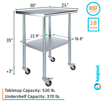 AmGood 24 in. x 30 in. Stainless Steel Work Table with Wheels | Metal Kitchen Food Prep Table | NSF - size: 30 in. Long x 24 in. Deep with Wheels