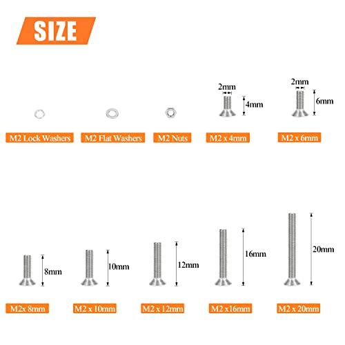 HELIFOUNER 560 Pieces M2 x 4mm /6mm /8mm /10mm /12mm /16mm /20mm, Phillips Countersunk Head Machine Screws, Metric Screws Bolts Washers Nuts Kit, 304 Stainless Steel - size: M2, style: Phillips Countersunk Head