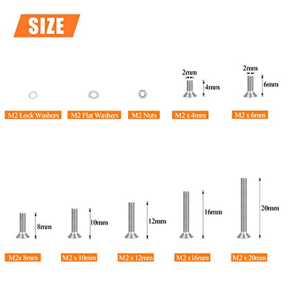 HELIFOUNER 560 Pieces M2 x 4mm /6mm /8mm /10mm /12mm /16mm /20mm, Phillips Countersunk Head Machine Screws, Metric Screws Bolts Washers Nuts Kit, 304 Stainless Steel - size: M2, style: Phillips Countersunk Head