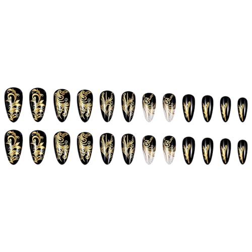 24Pcs Press on Nails Almond Medium Fake Nails with Gold Designs False Nails Whhite Glitter Stick on Nail Black Sparkly Glue on Nails Cute Full Cover Artificial Nail for Women - color: Style03