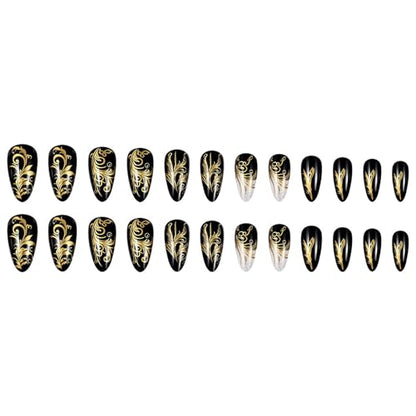 24Pcs Press on Nails Almond Medium Fake Nails with Gold Designs False Nails Whhite Glitter Stick on Nail Black Sparkly Glue on Nails Cute Full Cover Artificial Nail for Women - color: Style03