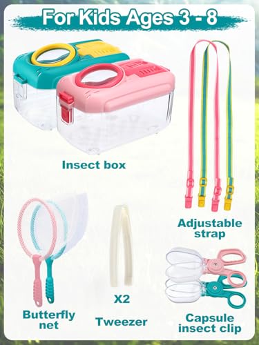 2 Sets Bug Catcher for Kids, Bug Catching Kit Gifts with Butterfly Net Toys - color: Blue + Pink