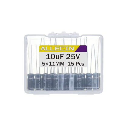 10uF 25V 5x11mm Electrolytic Capacitor 10 UF MFD 25 Volt 0.2x0.43in Aluminum Capacitors (Pack of 15) - style: 10uF 25V 5x11MM