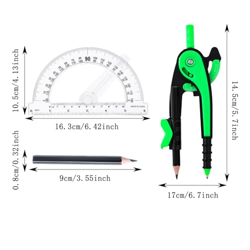 Unjoo Compass and Protractor Set, 6 Inch Swing Arm Protractor (Dark Green) - color: Dark Green