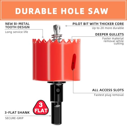 1-25/32 in. Bi-Metal Hole Saw Drill Bits - Versatile and Durable Hole Cutter for Wood, Plywood, Plaster Drywall, Ceiling, Plastic Pipe, PVC and Thin Metal - Includes Arbor & Pilot Bit (45mm) - size: 1-25/32"(45mm)
