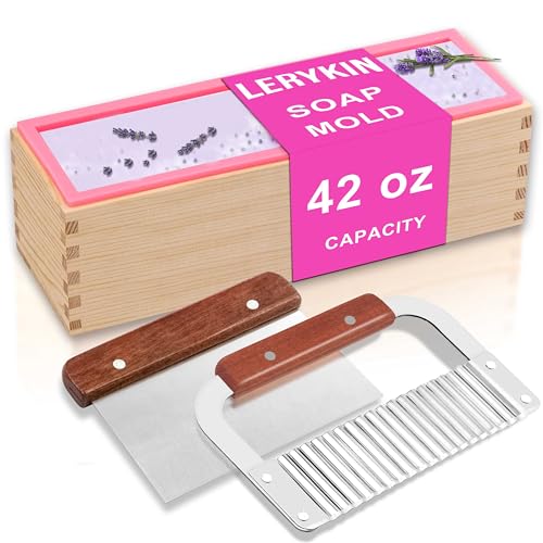 LERYKIN Rectangular Soap Mold Kit with Cutter- 42oz Flexible Silicone Loaf Soap Mold with Wood Box, Stainless Steel Wavy & Straight Scraper for Homemade Craft Soap Making Supplies - color: Pink+Silver - Rectangle