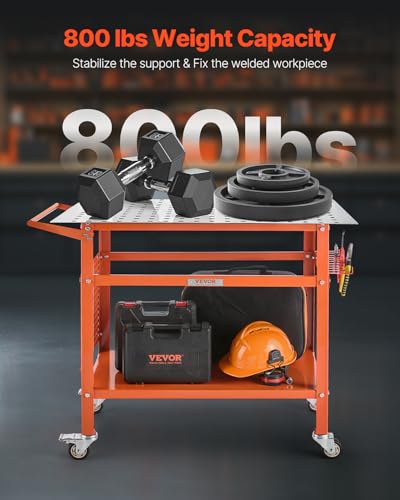 VEVOR Welding Table, 40" x 24" Welding Workbench Table with 800LBS Static Weight Capacity, Movable Steel Work Bench with 4 Wheels (2 with Brake), Double-Layer Storage Board and 5/8-inch Fixture Holes - size: 40.0 x 24.0 x 36.0 inch