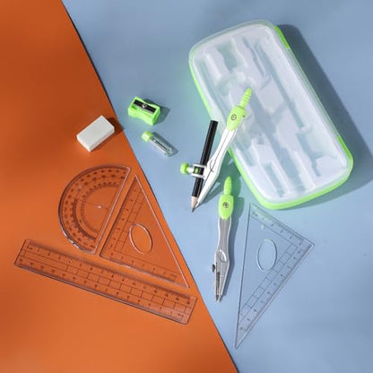 Zonon 10 Pcs Math Geometry Set for Student Compass Protractor, Green - color: Green