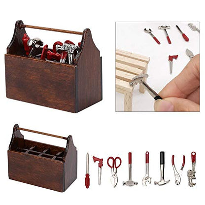 Doll House Toolbox,Eecoo Miniature Tool Box Wooden Toolbox Model for 1/12 Doll House Accessories with 8PCS Metal Tools Set