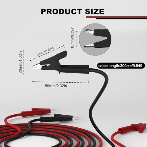 DROK 14 AWG Test Leads with Alligator Clips Electrical - Pack of 2 Multimeter Alligator Clips with Wires 19A, 3m/9.84 ft 14 Gauge Wire - size: 3m