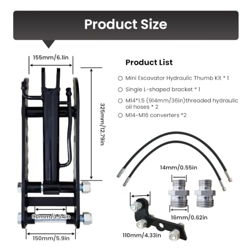 Mini Excavator Hydraulic Thumb Kit,Small Digger Attachments Fit Most of Up to 2 Tons, with2* M14 Hoses and Converters, Black