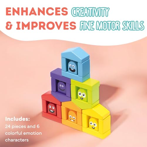 CUBIKA Wooden Construction Set Colorful Houses – 24-Piece Construction Play Set with Emotion Characters for Toddlers 2+– Montessori Toy for Creativity, Cognitive Development, and Emotion Recognition - style: Construction Set