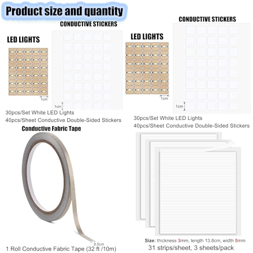 60PCS White LED Circuit Stickers and Conductive Fabric Tape,Light Craft Kit Mini Starter Kit for Crafts Projects Add lights to a Christmas tree,light up a house,create a spooky scene with a ghost - color: 60 LED Lights
