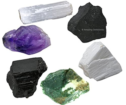 Amazing Gemstone Crystals for House Protection Manifestation, Set of 6 Amethyst, Scolecite, Shungite, Black Tourmaline, Selenite and Moss Agate Healing Crystals and Stones - color: House Protection Crystals