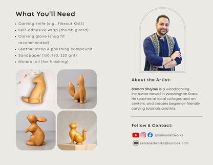 SamanArtworks Wood Carving Kit for Beginners, 4 Pre-Cut Basswood Animal Projects with Step-by-Step YouTube Tutorials, DIY Whittling Craft Kit for Adults & Teens