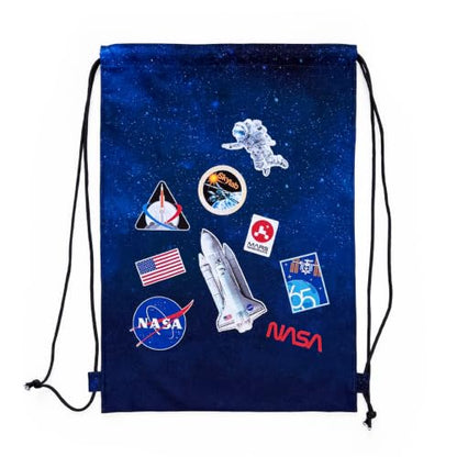 NASA Logo DIY Drawstring Bag Sewing Kit – Space-Themed Fabric Craft Project for Adults – Includes 24" x 43" Dark Blue Canvas Panel & 12ft Nylon Paracord – Create 17" x 13" Handmade Bag - style: Badge