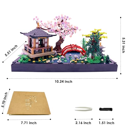 Micro Building Blocks Sets，Chinese Zen Garden Architecture and Cherry Blossom Bonsai Tree Building Toys for Adults，Japanese Sakura House Model，Creative Mini Bricks Gift for Kids 14+，2280 PCS