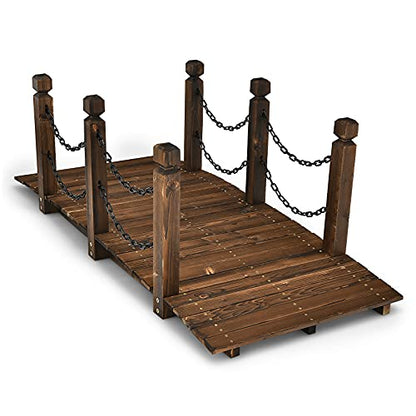 Tangkula 5 FT Wooden Garden Bridge, Arc Footbridge w/Safe Chain Railings, Outside Small Arc Pond Bridge, Decorative Fir Bridge for Landscaping Garden, Pond, Stream, Courtyard, Holds up to 400 LBS