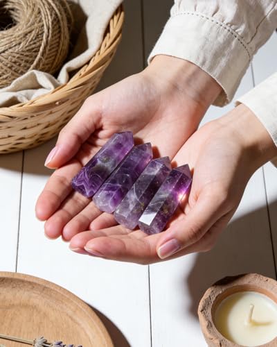 Amethyst Natural Healing Crystal Wand Set - 2.4-2.8" Polished Gemstone Point Obelisk - Hexagonal Towers for Reiki Energy, Chakra Balancing, Meditation & Home Office Decor - Spiritual Gifts for Women - color: Colorful (Set 58)