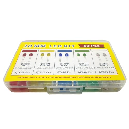 50Pcs 10mm LED Diode Kit, Red Yellow Blue Green White 10Pcs Each