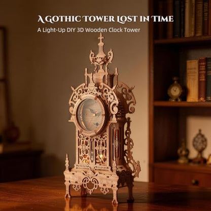 FUNPOLA 3D Wood Puzzle LED Tower Clock, 3D Puzzle Building Desktop Clock Model DIY Architectural Building Blocks (LED-TC01 Wood)